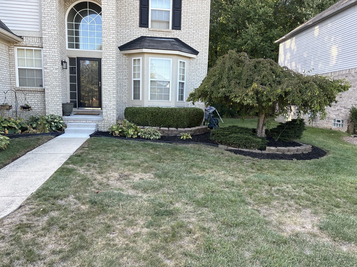 Front yard landscaping refresh with dark mulch, crisp edging, and trimmed shrubs